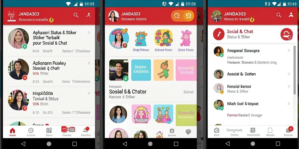 Screenshot JANDA303 menampilkan berbagai stiker yang menarik dan antarmuka pengguna yang ramah.